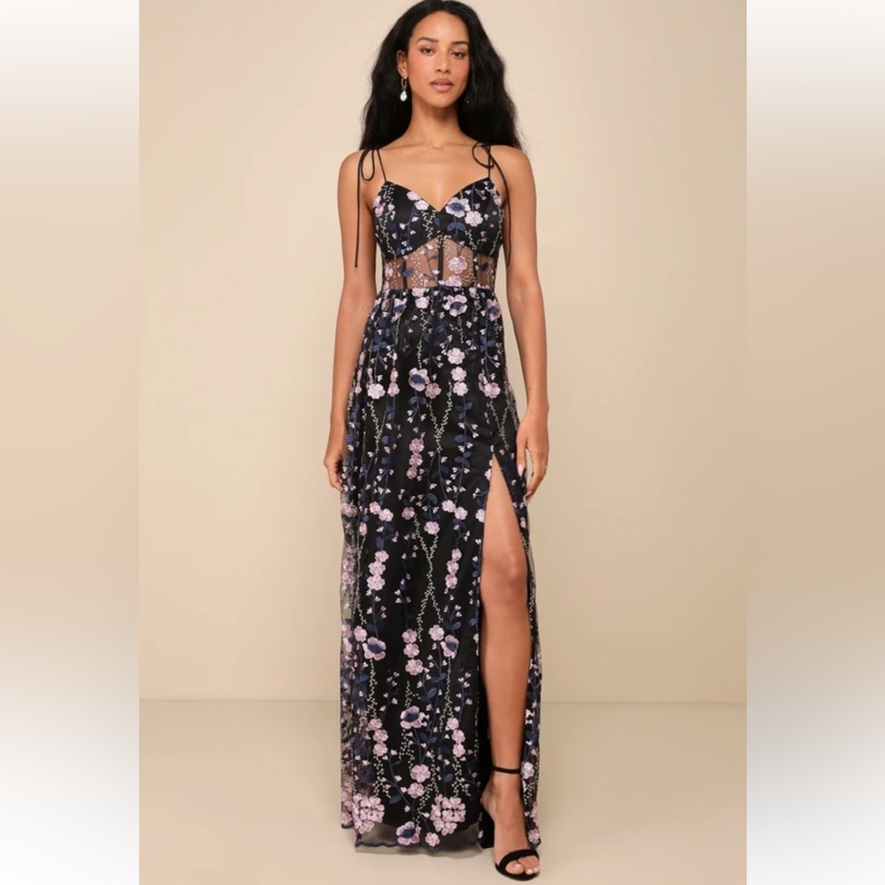 Blossoming Fairytale Black Embroidered Tie-Strap Maxi Dress